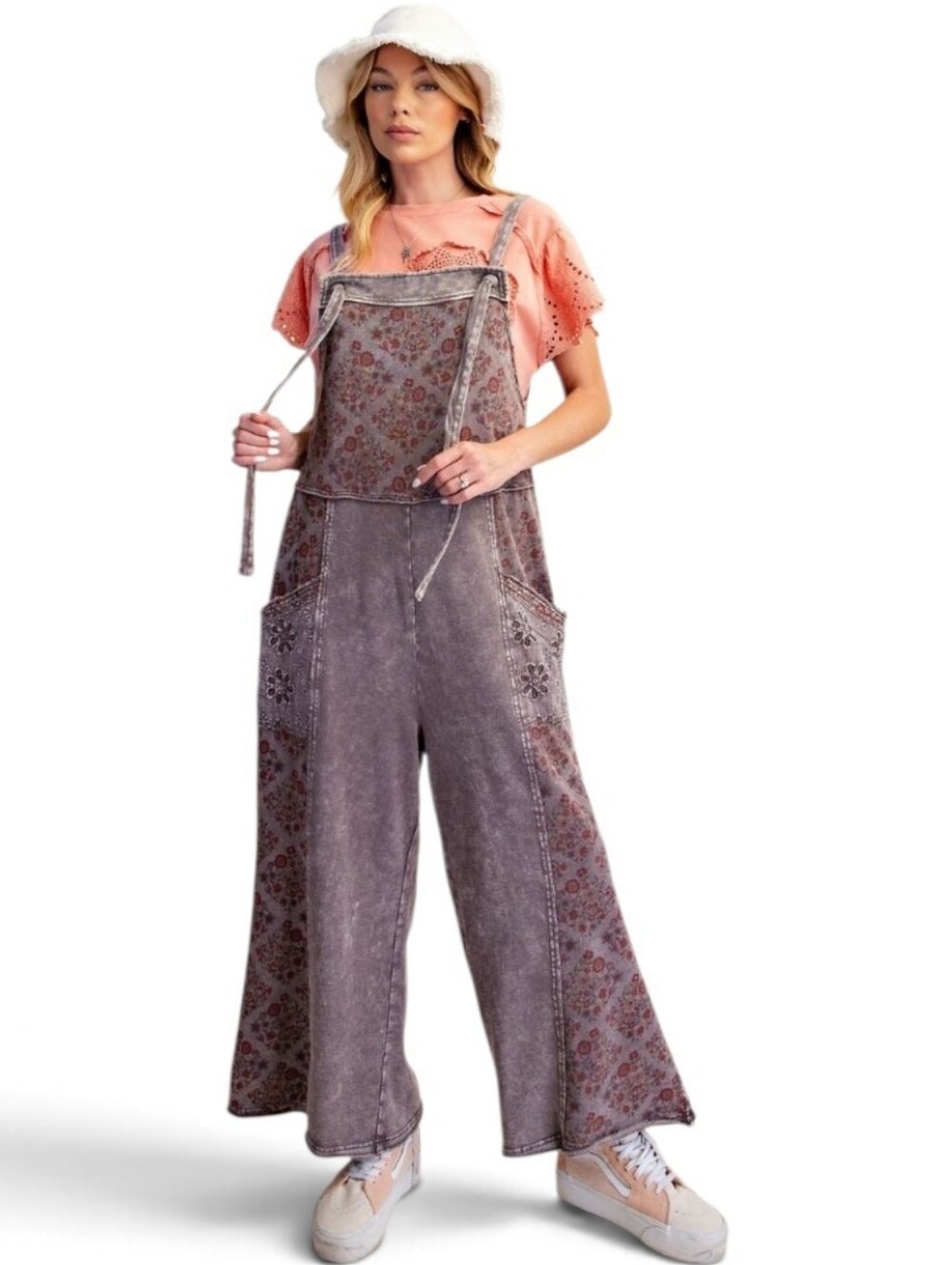 Easel Patchwork Print Washed Terry Romper Jumpsuit Ash NWT
